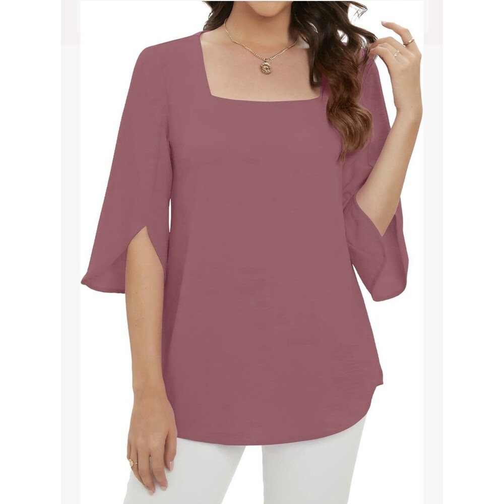 Taohuadao Women’s Blouse Pink Square Neck Large 3/4 Sleeve Pullover